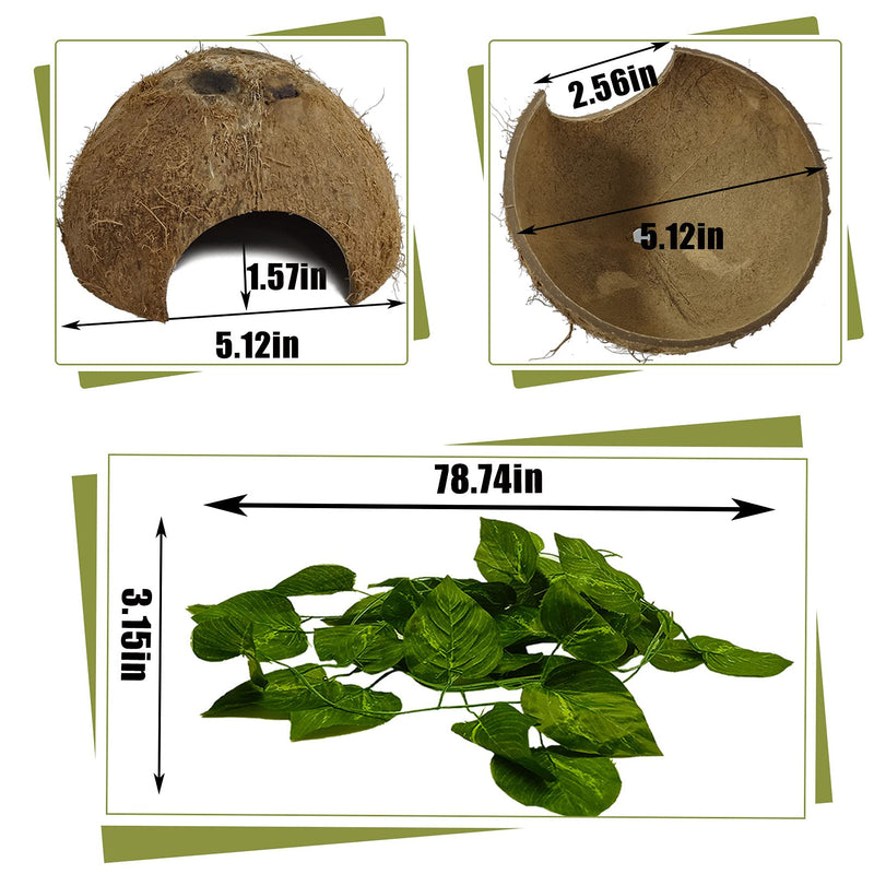 Hamiledyi Reptile Hideouts Natural Coconut Shells Hut Small Animal Hide Cave Hermit Crab Climbing Toys Lizard Habitat Decor Plant Leaves Decoration for Gecko Spider Snake Chameleon (4Pcs) - BeesActive Australia