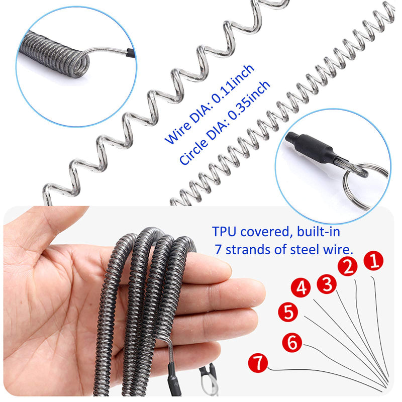 LAIBOREC Fishing Tool Lanyard, Retractable Safety Wire Coiled Tether 7PCS Finishing Ropes Accessories with Carabiner and Split Ring for Pliers Lip Grips Tackle, Boating, Kayak (Black) - BeesActive Australia