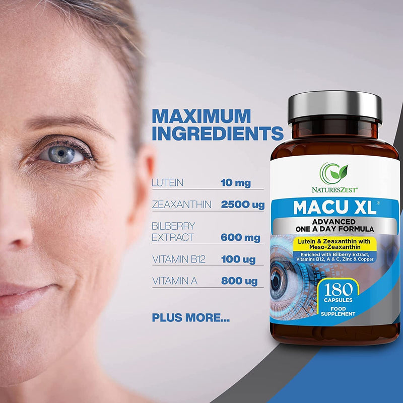 Macu XL - Lutein and Zeaxanthin Supplement - 6 Month Supply with Meso Zeaxanthin, Bilberry Extract, Vitamins A, B12 & Zinc, 180 Vegan Capsules - Eye Supplement for Vision Health � Packaging May Vary - BeesActive Australia