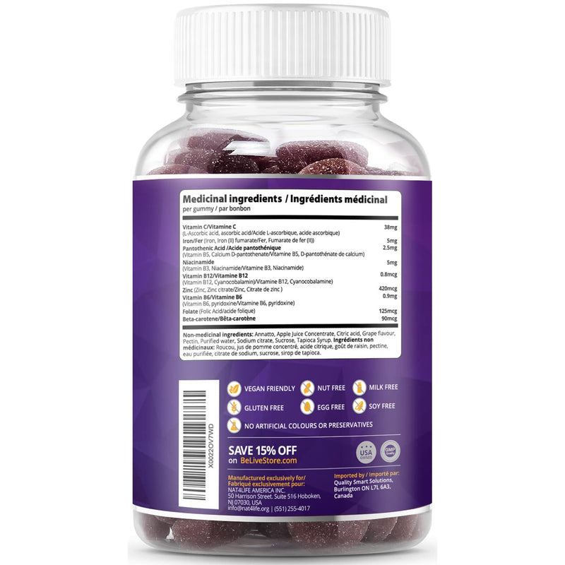 Iron Gummies Supplement with Vitamin C, A, Vitamins B Complex, Folate, Multivitamins for Women, Kids & Adults - Supports Energy, No After Taste, Vegan Supplements - Grape Flavor (60 Ct) 1 - BeesActive Australia