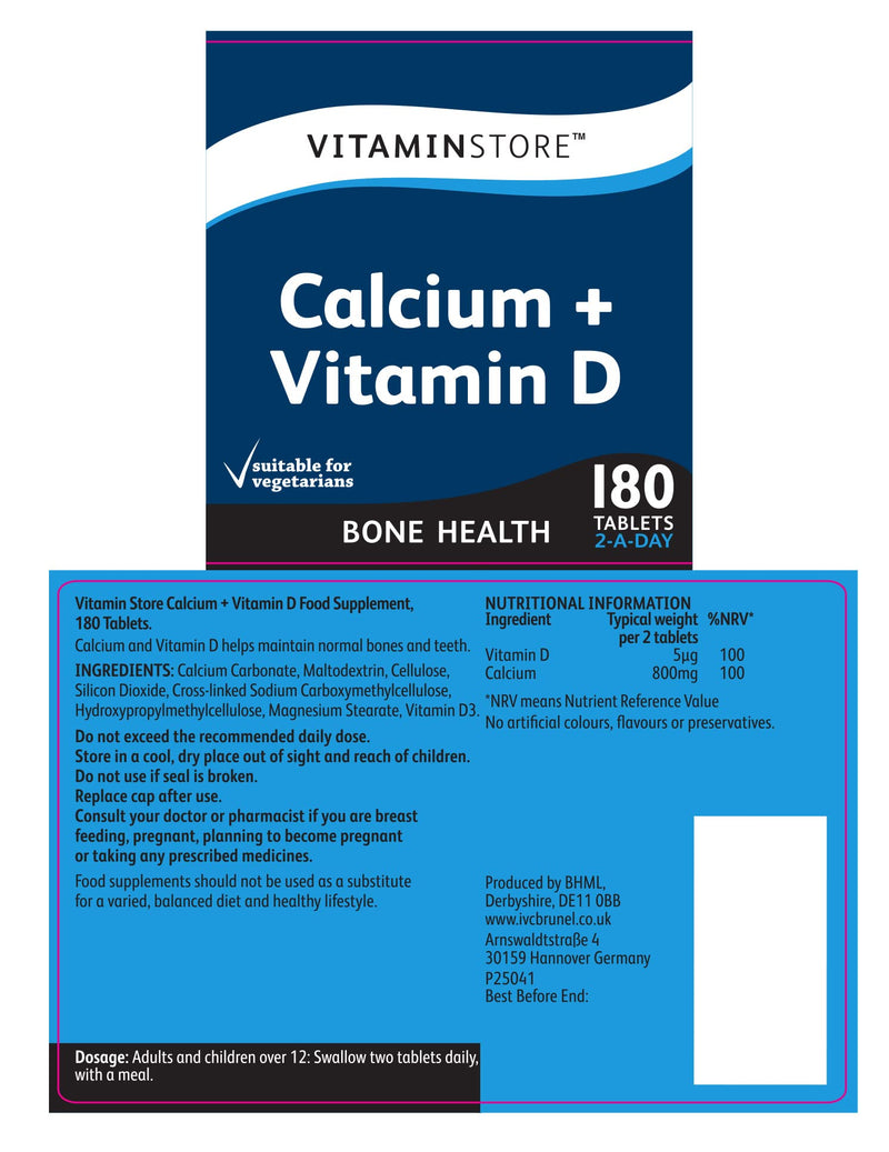 Vitamin Store Calcium + Vitamin D Food Supplement, 180 Tablets per Tub, Pack of 2 Tubs, 6 Months Supply - BeesActive Australia