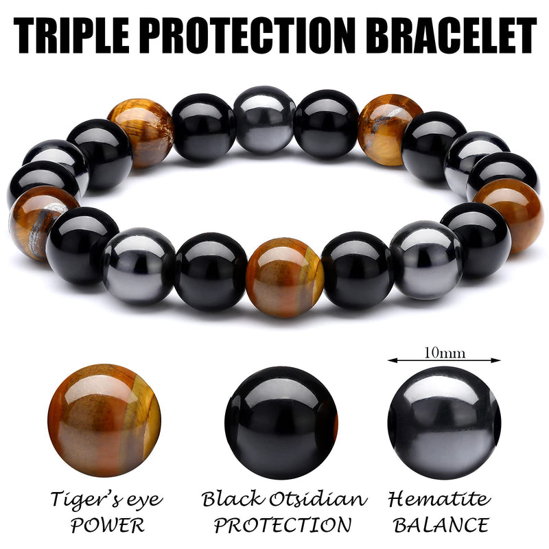 Hicarer 4 Pieces Triple Protection Bracelet Tiger Eye Beads Bracelet Lava Stone Essential Oil Diffuser Bracelets Stress Relief and Anxiety Bracelet, Healing Crystal Yoga Bracelet for Men Women Adjustable - BeesActive Australia