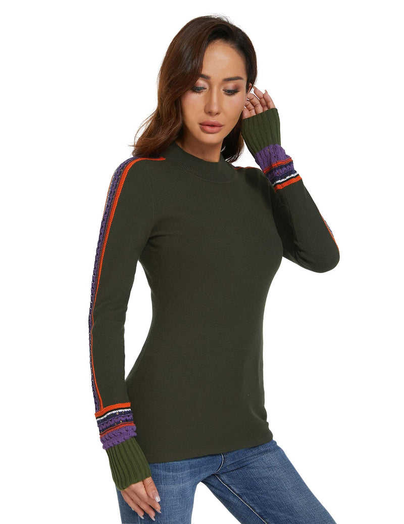 AmélieBoutik Women Mock Neck Fair Isle Trim Long Sleeve Pullover Knit Sweater Small Dark Olive Green - BeesActive Australia
