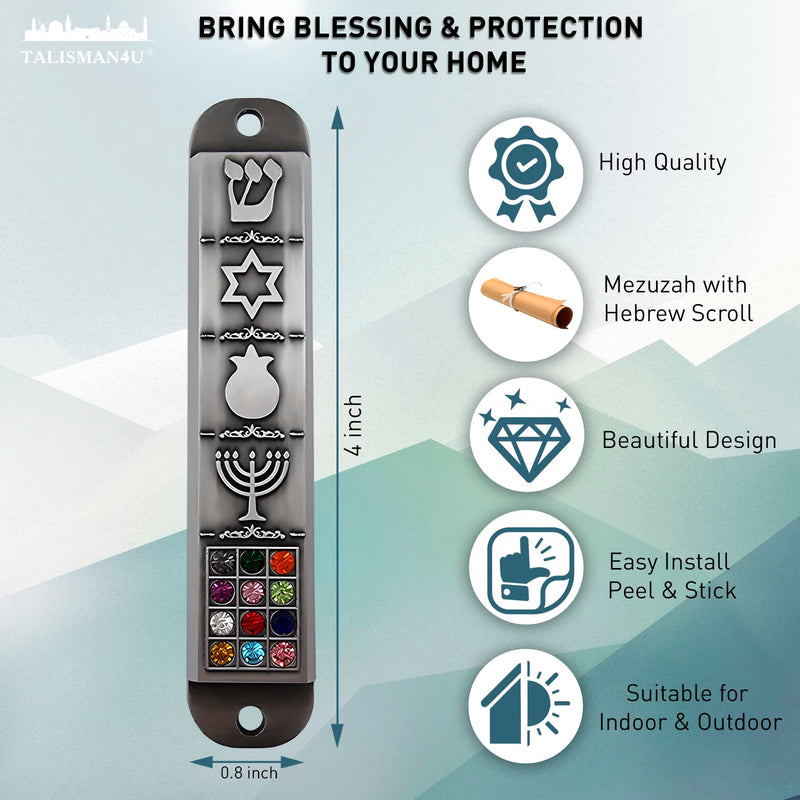 Pewter Mezuzah Case with Scroll for Door 3D Jewish Star of David Jerusalem Menorah 12 Tribes of Israel Mezuza Judaica Gift 10 cm / 4 inch - BeesActive Australia