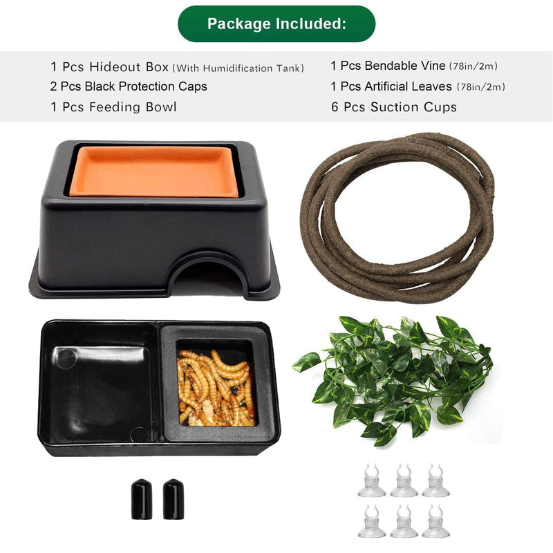 Woyrise Reptile Hideout Box with Sink Humidifier Help Your Pets Shedding Gecko Hide Cave& Jungle Vine Leaves Habitat Decor for Bearded Dragons Lizards Leopard Gecko Spiders Turtles and Snakes - BeesActive Australia