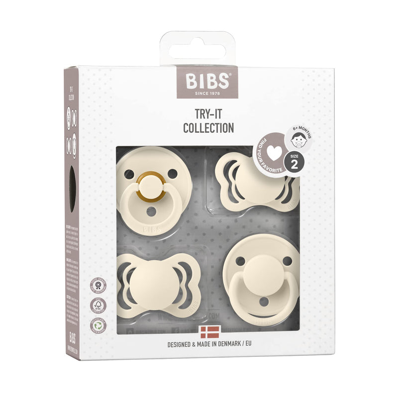 BIBS Pacifiers 6-18 Months | 4-Pack Soothers | BPA-Free Symmetrical Nipple | Made in Denmark | Ivory Try-It Collection - BeesActive Australia