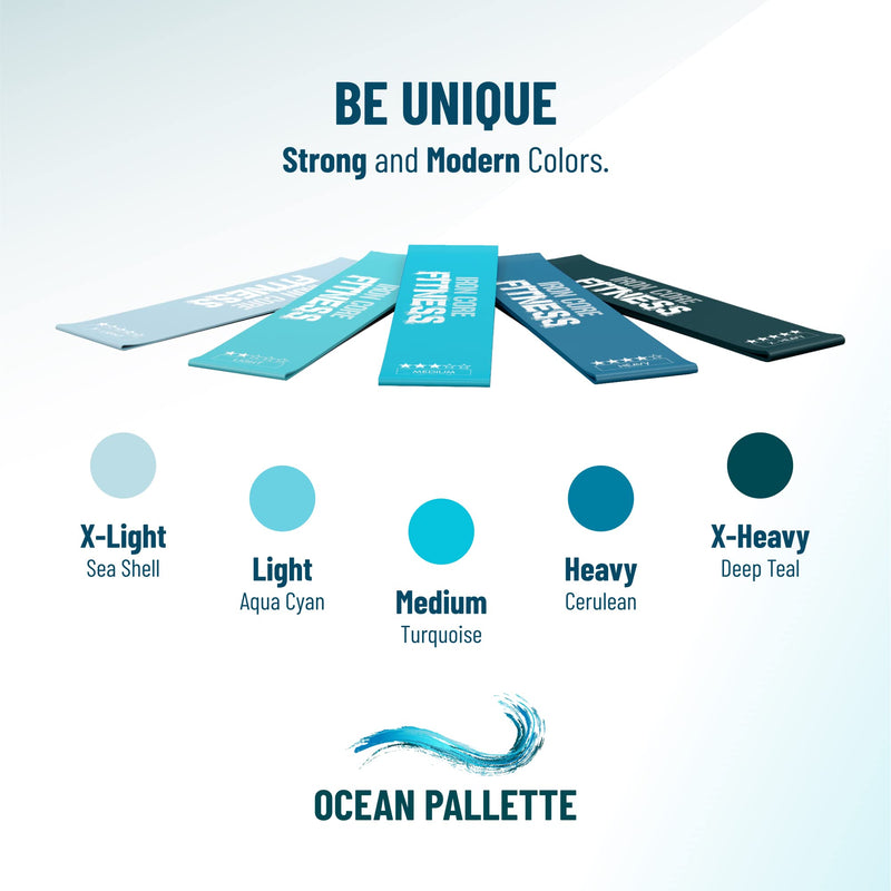 Ultimate Glute Building Pack- Set of 5 Premium Resistance Bands in Unique Colours- Ebook and Chart included by Iron Core Fitness Ocean Blue Palette - BeesActive Australia