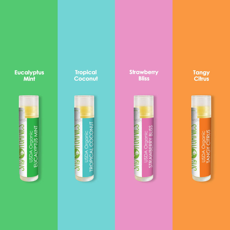 USDA Organic Flavored Beeswax Lip Balms (4 Tubes) Eucalyptus Mint, Tropical Coconut, Strawberry, Tangy Citrus – Beeswax Coconut Oil Vitamin E Lip Butter Chapstick for Dry Lips - For Adults & Kids 4 Lip Balms - BeesActive Australia