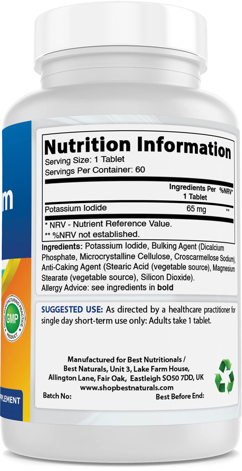 Best Naturals Potassium Iodide 65 mg - Dietary Supplement, 60 Tablets Unflavoured 60 Count (Pack of 1) - BeesActive Australia