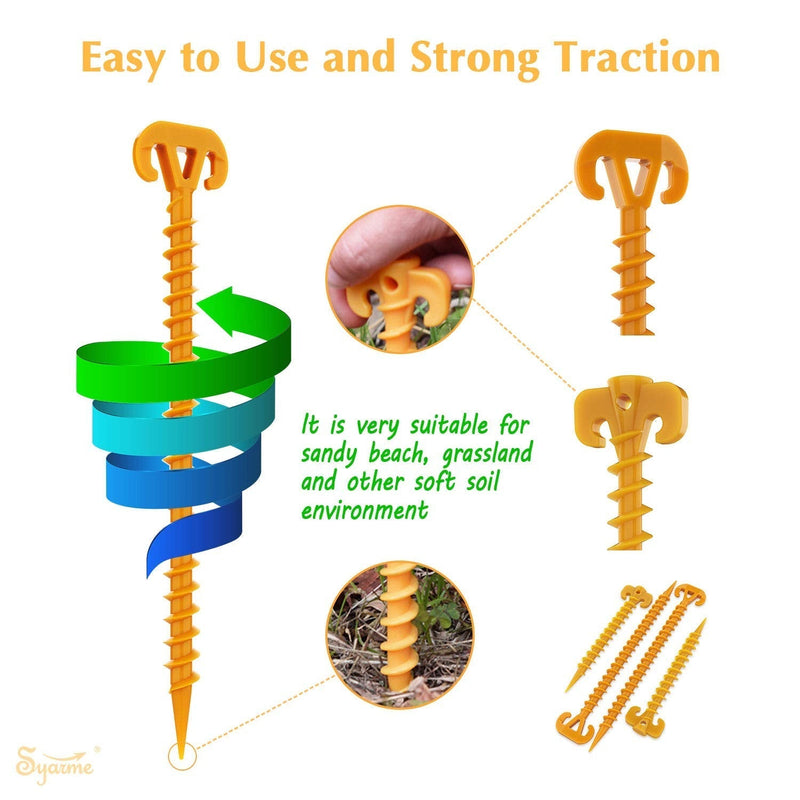 Tent Stakes Spiral Ground Anchor 11" Orange,On The Beach and Lawn for Securing Animals,Tents,Canopies and Beach Blankets Etc,Plastic Pile 10pc-Pack,Includes Brush and Bag L+S - BeesActive Australia