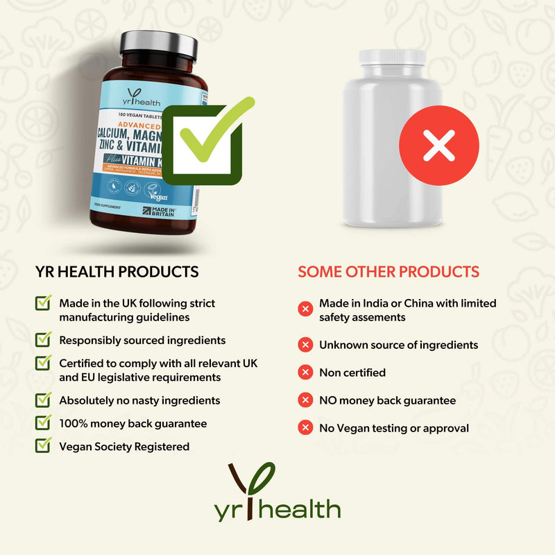 Calcium, Magnesium, Zinc and Vitamin D Plus Vitamin K2 MK-7 Tablets - Osteo Supplement - 180 Vegan Tablets not Capsules - Made in the UK by YrHealth - BeesActive Australia