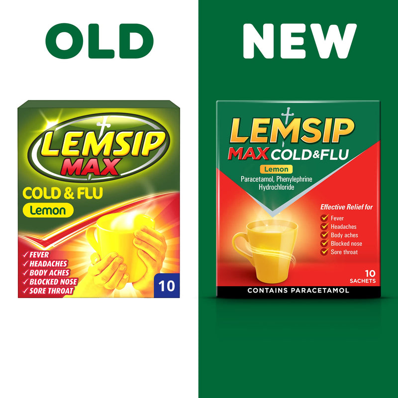 Lemsip Max Cold and Flu Lemon Sachets with Paracetamol for Cough, Blocked Nose and Mucus Relief, Pack of 10 Sachets - BeesActive Australia