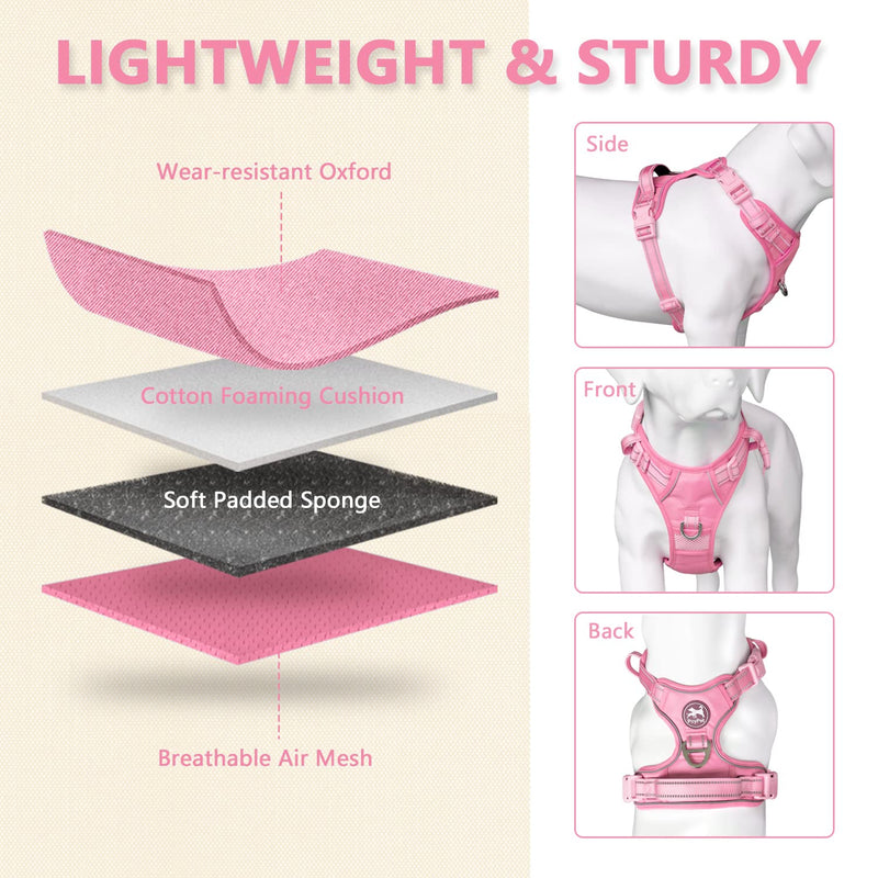 PoyPet No Pull Dog Harness, No Choke Reflective Dog Vest, Adjustable Pet Harnesses with 2 Leash Attachments with Easy Control Padded Handle for Small Medium Large Dogs L Light Pink(Matching Trim) - BeesActive Australia