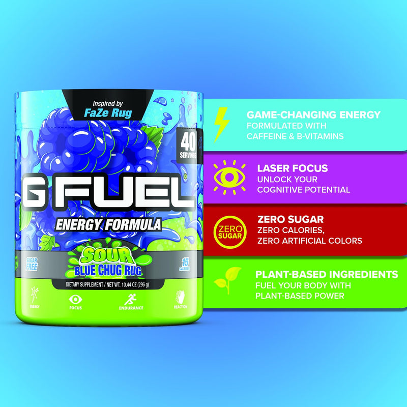 G Fuel Faze Rug Energy Powder, Sugar Free, Clean Caffeine Focus Supplement, Water Mix, Sour Blue Raspberry Flavor, with Focus Amino, Vitamin + Antioxidants Blend - 10.44 oz (40 Servings) - BeesActive Australia