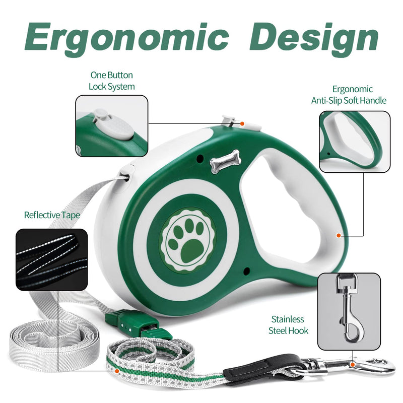 EC.TEAK Retractable Dog Leash, 26FT /16FT Dog Walking Leash for Medium Large Dogs up to 44 lbs/ 77 lbs/110 lbs, One Button Break & Lock, Heavy Duty No Tangle, Large 16 FT(44 lbs) Green - BeesActive Australia