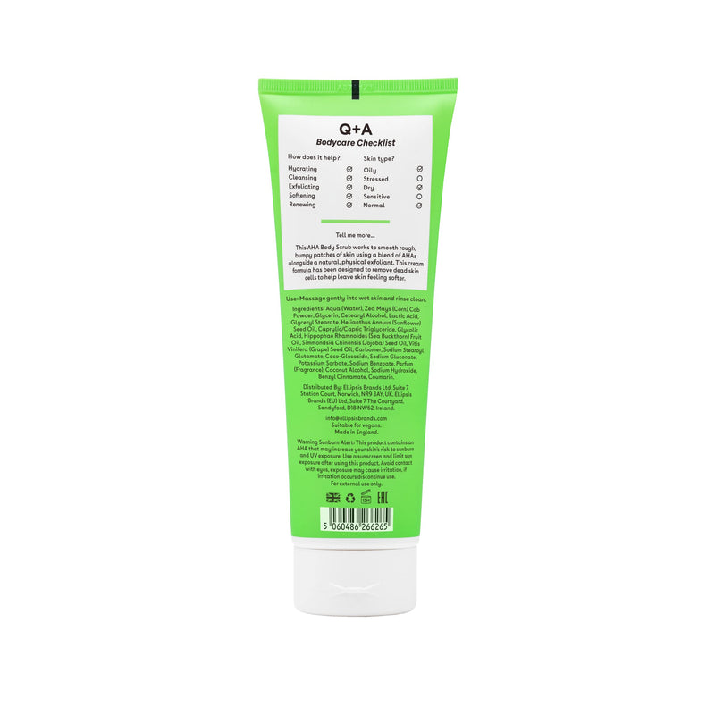 Q+A AHA Exfoliator Body Scrub for Rejuvenating Body Care, a blend of AHA�s Lactic Acid and Glycolic Acid combined with exfoliants, improves skin texture and promotes soft and supple skin, 250ml - BeesActive Australia