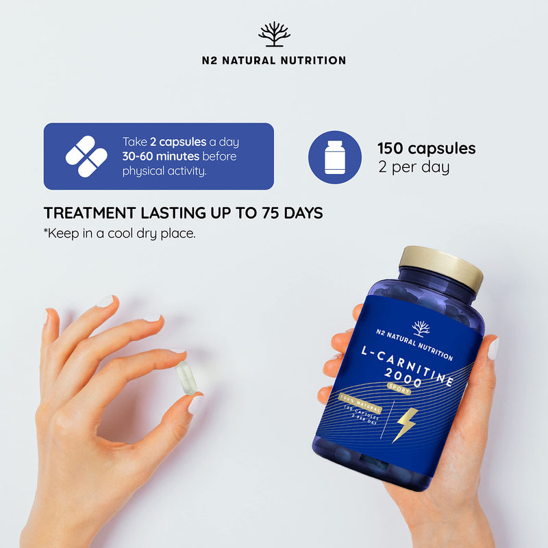 Natural L CARNITINE 2000mg. 150 Capsules 75 Days. High Concentration Fat Burner Pills. Improves Sports Performance. Weight Loss, Energy Resistance. CE Manufactured. N2 Natural Nutrition L Carnitine 2000 (150 capsules) - BeesActive Australia