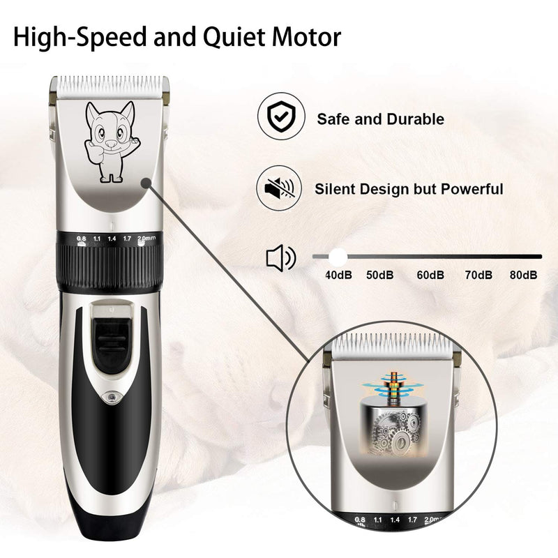 Dog Grooming Kit Clippers, Low Noise, Electric Quiet, Rechargeable, Cordless, Pet Hair Thick Coats Clippers Trimmers Set, Suitable for Dogs, Cats, and Other Pets Silver - BeesActive Australia