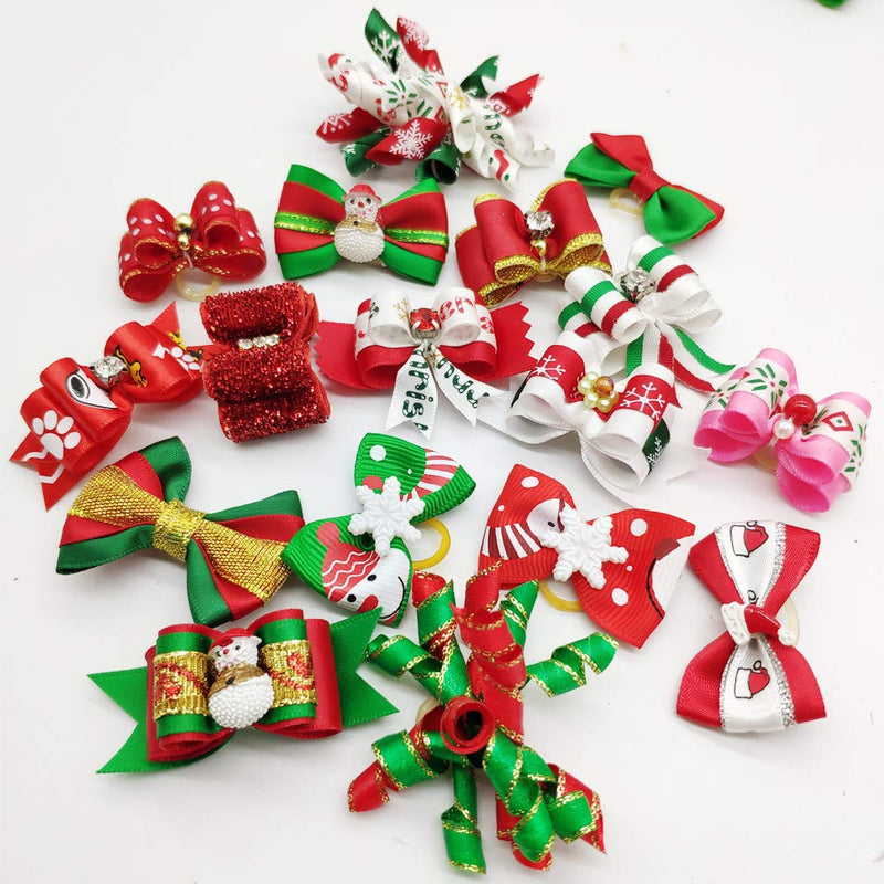 Hixixi 100pcs Dog Puppy Cat Christmas 3D Rhinestone Hair Bows with Rubber Bands Flat Pet Xmas Grooming Accessories - BeesActive Australia