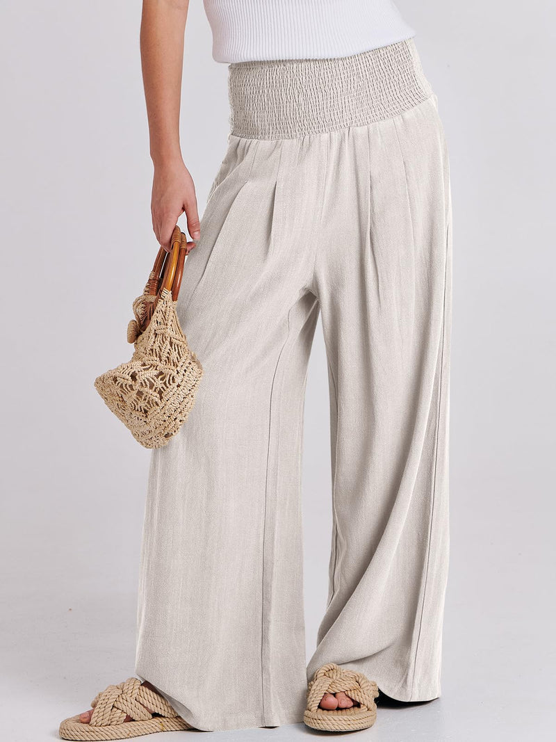 ANRABESS Women Linen Palazzo Pants Summer Boho Wide Leg High Waist Casual Lounge Pant Trousers with Pocket Large Apricot - BeesActive Australia