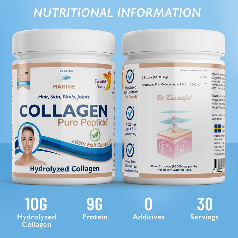 Swedish Nutra Powder Marine Collagen - Pack of 300g, 30 Day Supply | Minimize Fine Lines, Wrinkles & Improve Skin Elasticity | High Absorption Rate - BeesActive Australia