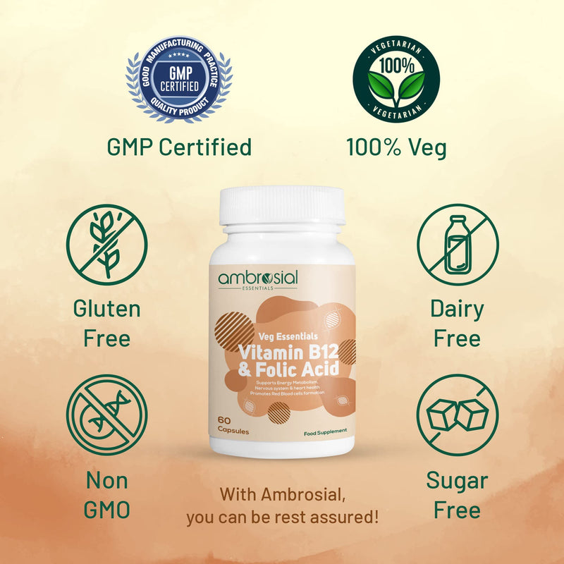 Ambrosial Vitamin B12 1000 mcg + 500 mcg Folic Acid | 1500 mcg | Folic Acid | Reduction of Tiredness & Fatigue | B12 Supplement | Immune System, Energy & Brain Support (Pack of 1-60 Capsules) 60 Count (Pack of 1) - BeesActive Australia