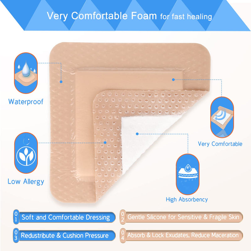Silicone Adhesive Foam Dressing with Gentle Border 3''x3'', Bed Sore Pressure Ulcer Leg Ulcer Silicone Wound Bandage, High Absorbency Waterproof, 10 Pack by NeueHaut - BeesActive Australia