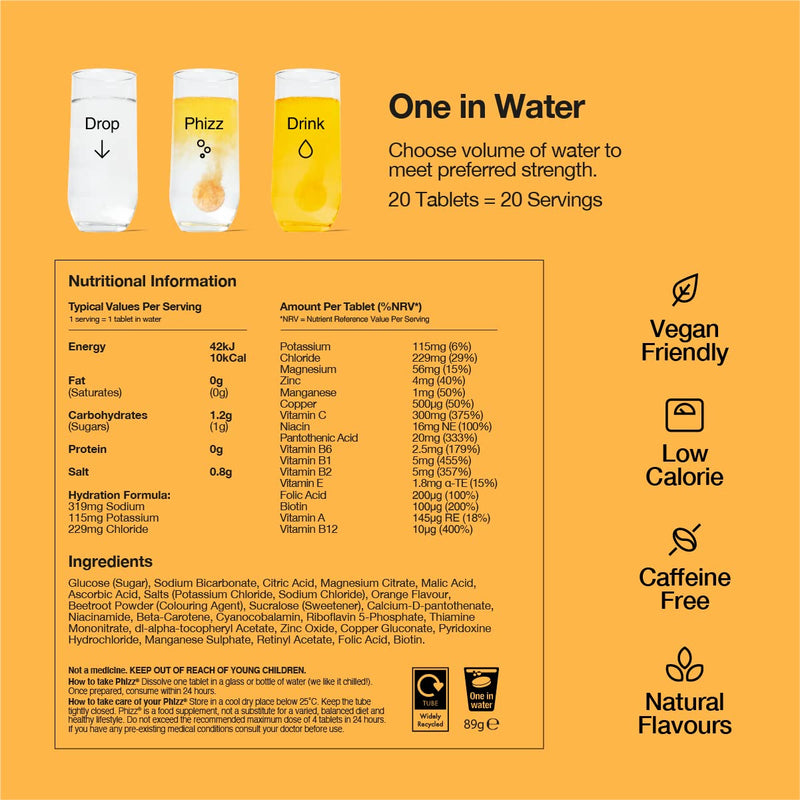 Phizz Electrolyte Multivitamin Hydration Tablets - 18 Vitamins & Minerals, Energy Boost (Orange, 60 Tablets) Orange 60 Count (Pack of 1) - BeesActive Australia