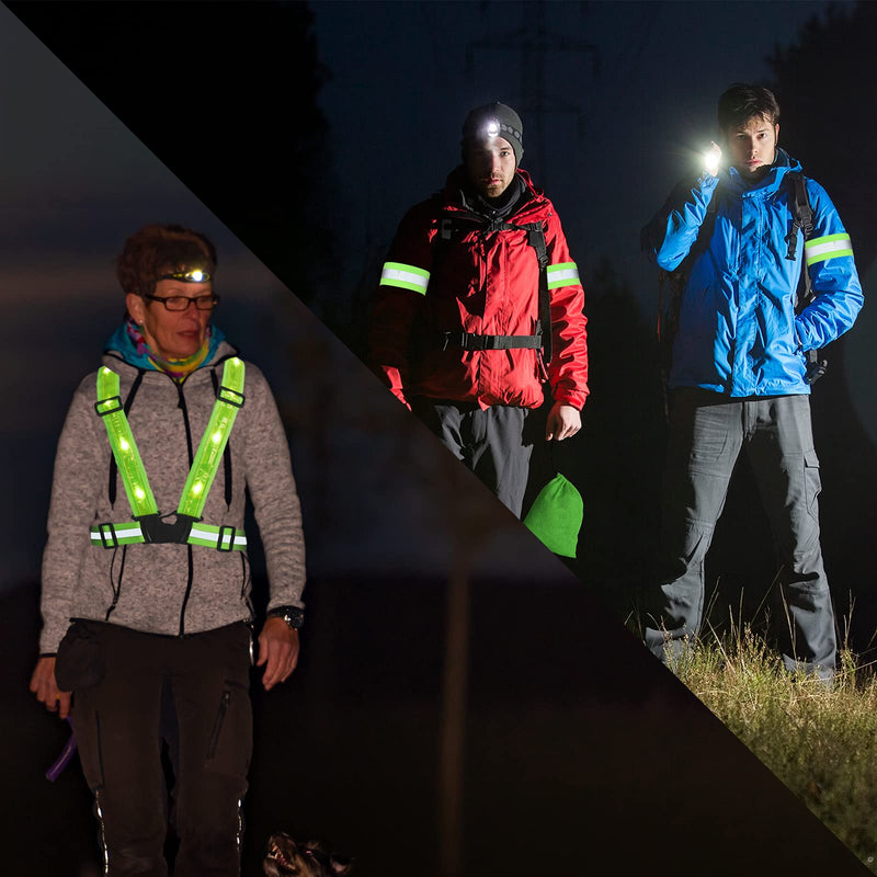 SATINIOR 2 LED Reflective Safety Vest USB Rechargeable Light up 4 Armband Storage Bags High Visibility Bands for Running Jogging Cycling Hiking Walking, Green - BeesActive Australia