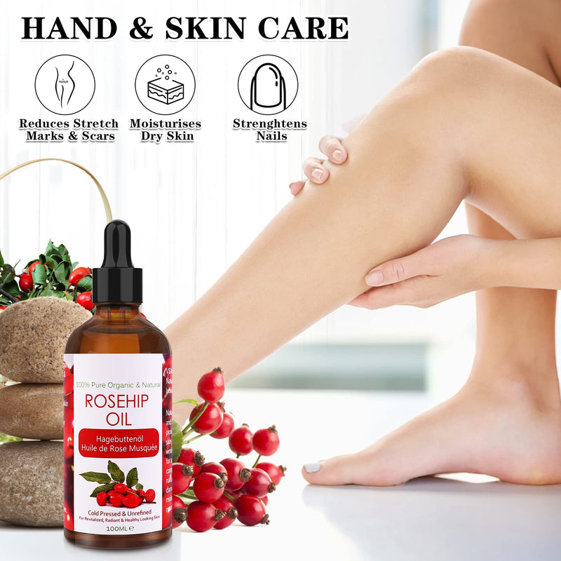 Rosehip Oil for Face 120ml, Cold Pressed 100% Pure Natural Rosehip Seed Oil, Hydrating Nourishing & Moisturising for Skin, Hair, Nails, and Body - BeesActive Australia