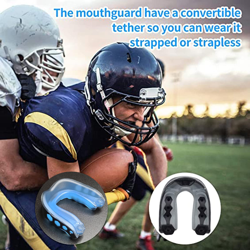 2pcs Sports Mouth Guard,Sports Mouthguard Boxing for Removable Strap Easy to Fit Soft Mouthpiece,Suitable for Football MMA Soccer Hockey with Box Rugby Braces (Black Blue— Adult) - BeesActive Australia