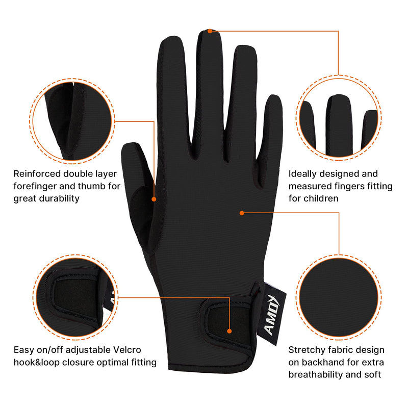 Amoy Kids Horse Riding Gloves Breathable Children Equestrian Horseback Anti-Slipping Boys & Girls Youth Outdoor Biking Cycling Sport Mitts Black L (Age 10-12) - BeesActive Australia