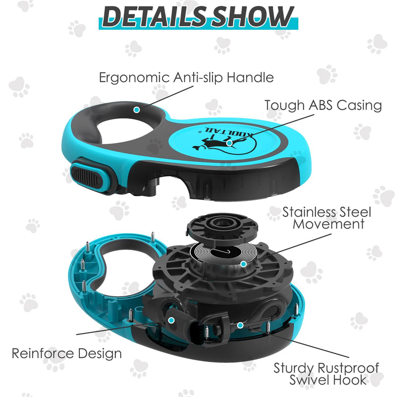 KOOLTAIL Dual Retractable Dog Leash Chew Proof, Reflective Heavy Duty 16Ft Dog Leash with Anti-Slip Handle for Medium Large Dogs, Durable 360° Tangle-Free Walking Pet Leash with 2 Wire Rope Set Up to 110Lbs Blue Reflective Leash - BeesActive Australia