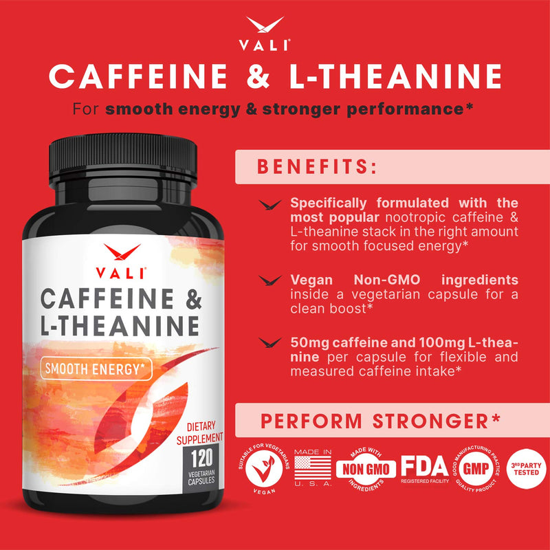 VALI Caffeine 50mg & L Theanine 100mg - Caffeine Pills & L-Theanine for Smart Smooth Energy & Focus Supplement. Nootropic Brain Booster Cognitive Support Stack & Focused Clarity. 120 Veggie Capsules - BeesActive Australia