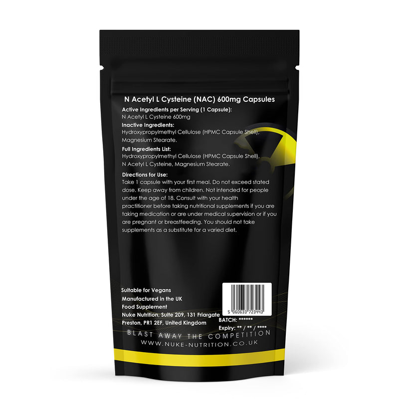 Nuke Nutrition NAC Supplement 600mg | High Strength NAC N-Acetyl-Cysteine 60 Vegan Capsules with High Bioavailability | Amino Acid N-Acetyl-Cysteine Nutritional Supplements | Manufactured in The UK 60 Capsules - BeesActive Australia