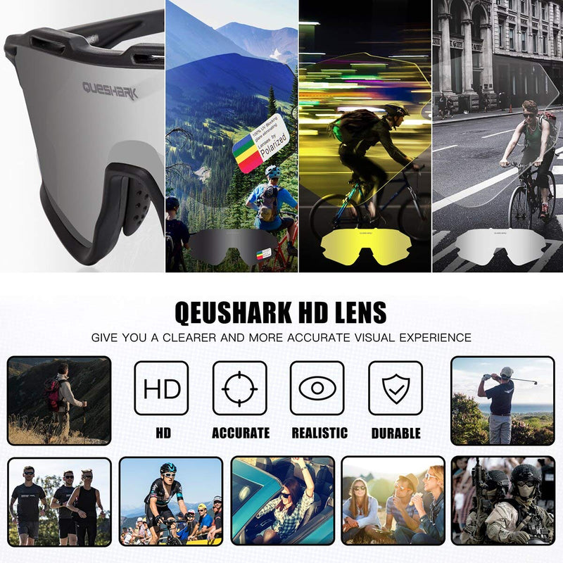 Queshark Sports Cycling Sunglasses 4 Lens Anti UV400 for Men Women HD Polarized Black - BeesActive Australia