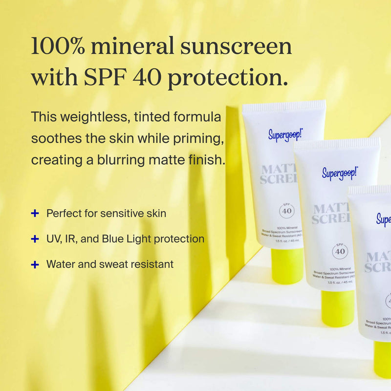 Supergoop! Mattescreen - 0.5 fl oz - 100% Mineral Broad Spectrum SPF 40 Sunscreen - Reef-Safe Formula Smooths Skin’s Appearance, Minimizes Pores, Controls Shine - Water & Sweat Resistant - BeesActive Australia