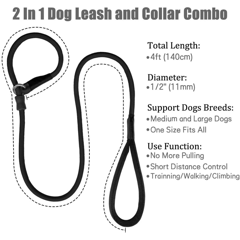 Strong Slip Rope Dog Training Leash (4ft) - Heavy Duty Durable Braided Nylon Lead with Rubber Stopper & Padded Handle - No Pull Walking Climbing for Medium Large Dogs Black 1/2" x 4ft - BeesActive Australia