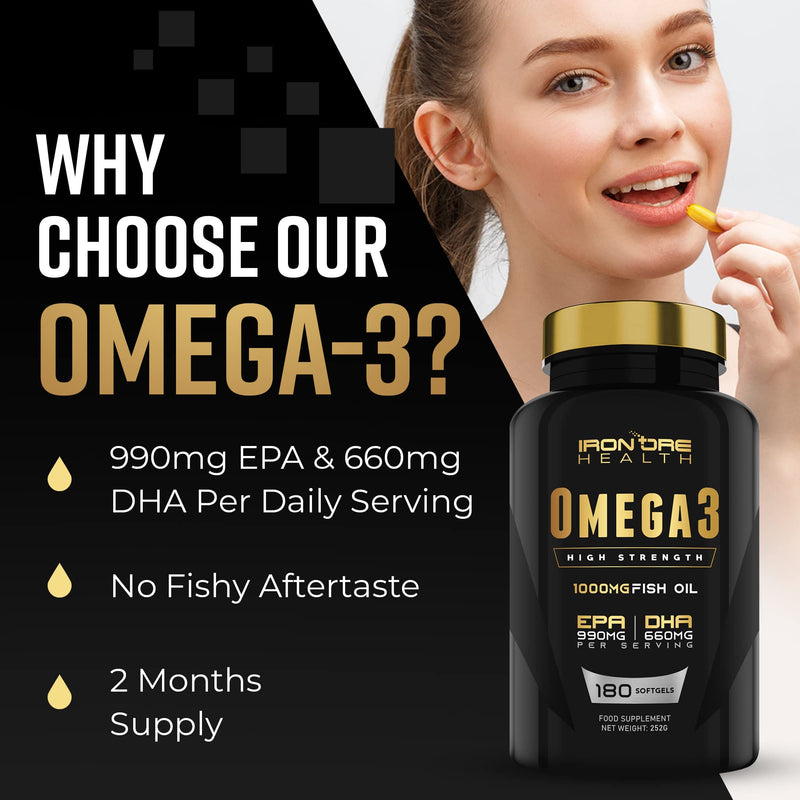 Omega 3 Fish Oil - 180 High Strength Capsules - 990mg EPA & 660mg DHA per Daily Serving - 2 Months Supply - Made in UK - BeesActive Australia