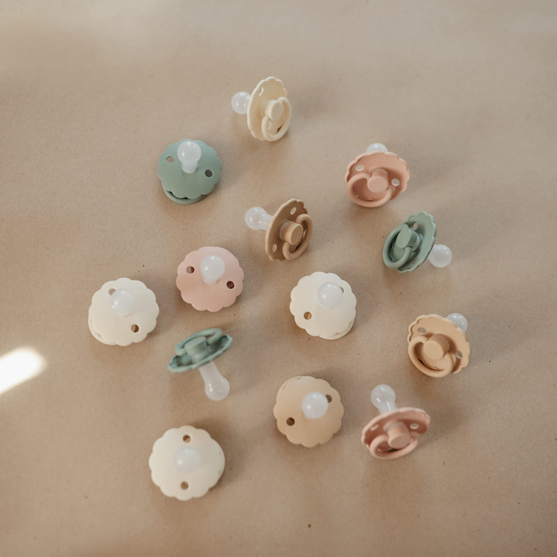 FRIGG Daisy SilkySoft Silicone Baby Pacifier | Made in Denmark | BPA-Free (Cotton Candy/Sandstone, 6-18 Months) Cotton Candy/Sandstone - BeesActive Australia
