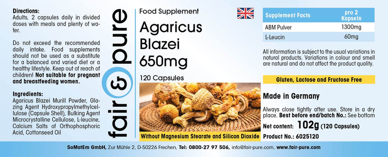 Agaricus Blazei 650mg, ABM Mushroom, Agaricus Blazei Murill, Vegan, Without Magnesium Stearate, 120 Capsules - BeesActive Australia