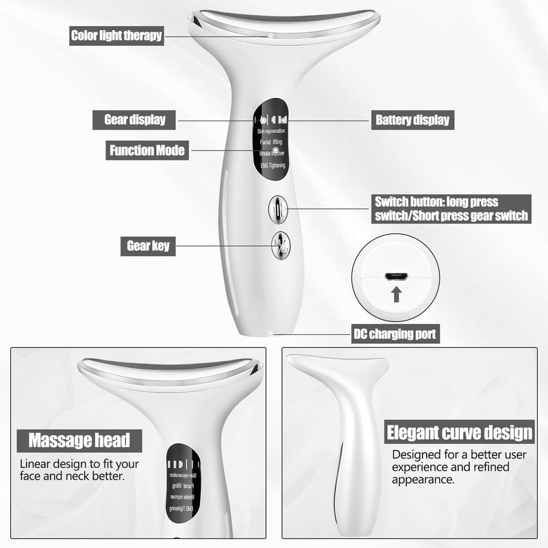 Aikertec Neck Face Massager, Electric Face and Neck Lifting Face Contouring Tool With 3 Colors of LED, Heating and Vibrating Skin Rejuvenating Beauty Device to Lift and Tighten Sagging Skin White - BeesActive Australia