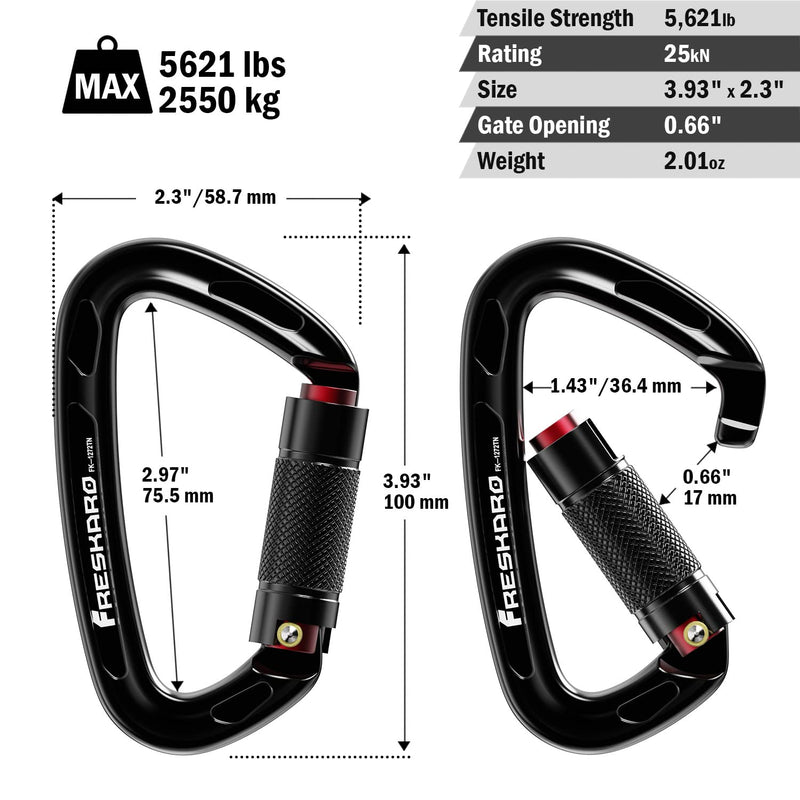 FresKaro 25kN UIAA Certified Climbing Carabiner Clips, 4inches Auto Locking, Heavy Duty Carabiners for Rock Climbing, Mountaineering with Knots Flashcards Guide, 2pack, Black - BeesActive Australia