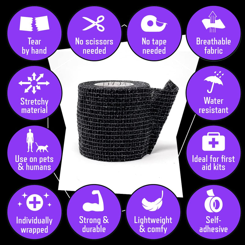 Inksafe Black Self Adherent Cohesive Bandages 5cm x 4.5m Box of 12 - Uses Include Tattoo Grip Wrap, Vet Wrap, Tape for Wrist and Ankle Sprains - BeesActive Australia