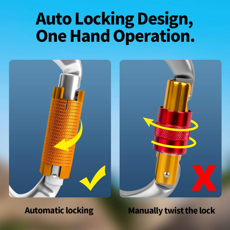 FVW Auto Locking Rock Climbing Carabiner Clips,Professional 25KN (5620 lbs) Heavy Duty Caribeaners for Rappelling Swing Rescue & Gym etc,Large Carabiners,D-Shaped 5psc-silver - BeesActive Australia