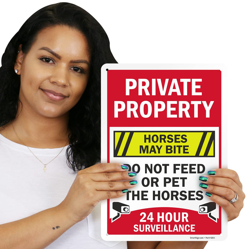 SmartSign 14 x 10 inch “Private Property - Horses May Bite, Do Not Feed Or Pet The Horses, 24 Hour Surveillance” Metal Sign, 40 mil Laminated Rustproof Aluminum, Multicolor - BeesActive Australia
