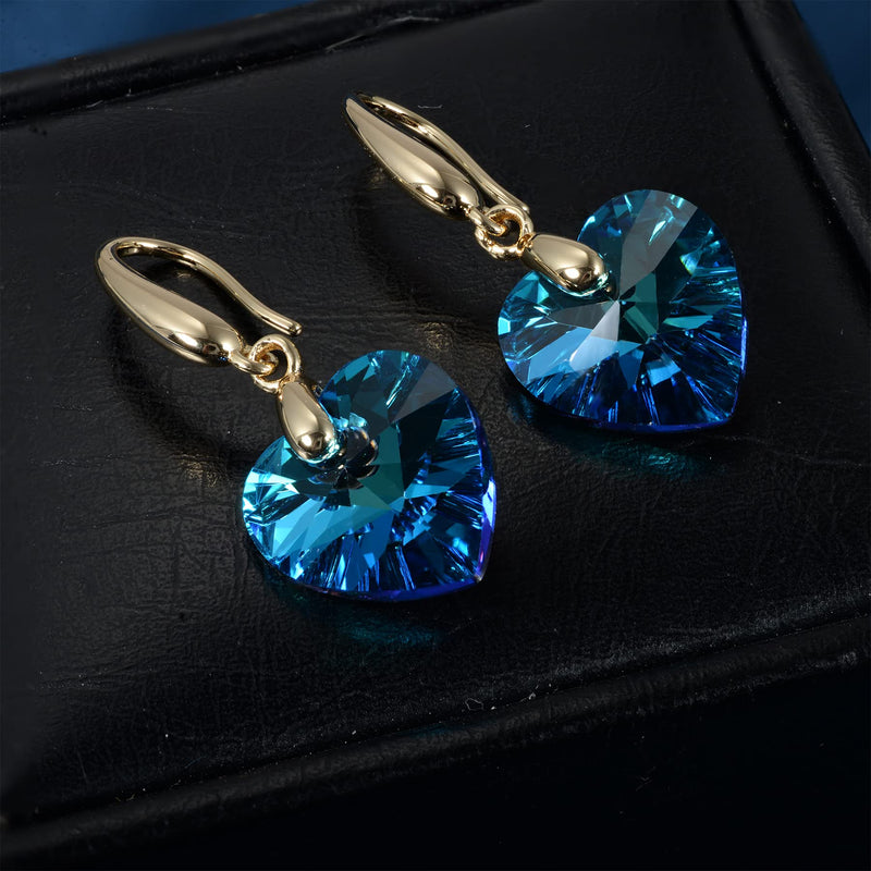 Love Heart Austrian Crystal Earring For Women,14K Gold Plated Hypoallergenic Drop Earrings For Sensitive Ears 1-Gold-Blue - BeesActive Australia