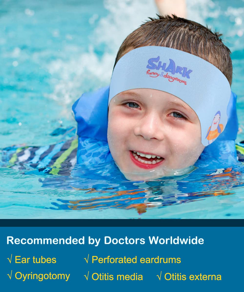 MoKo Swimming Headband for Kids & Adults, Cute Swimmers Headband Ear Band Waterproof Ear Protection Band (S Size for Kids Age 1-2, M Size for Kids Age 3-9, L Size for Kids Age 10+ and Adults) Blue & Shark Medium (Pack of 1) - BeesActive Australia