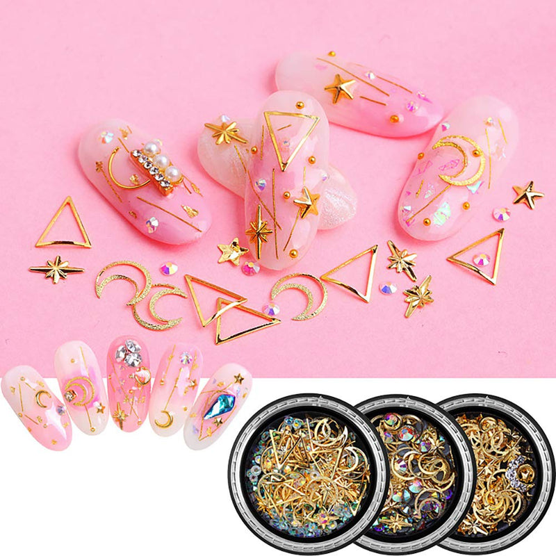 Metal Nail Art Rhinestones 8 Boxes Mixed Sparkle Nail Studs 3D Punk Heart Star Moon Crystals Beads Artificial Pearls Triangle Rivets Diamonds for Women Manicure Tips Decorations Supplies - BeesActive Australia