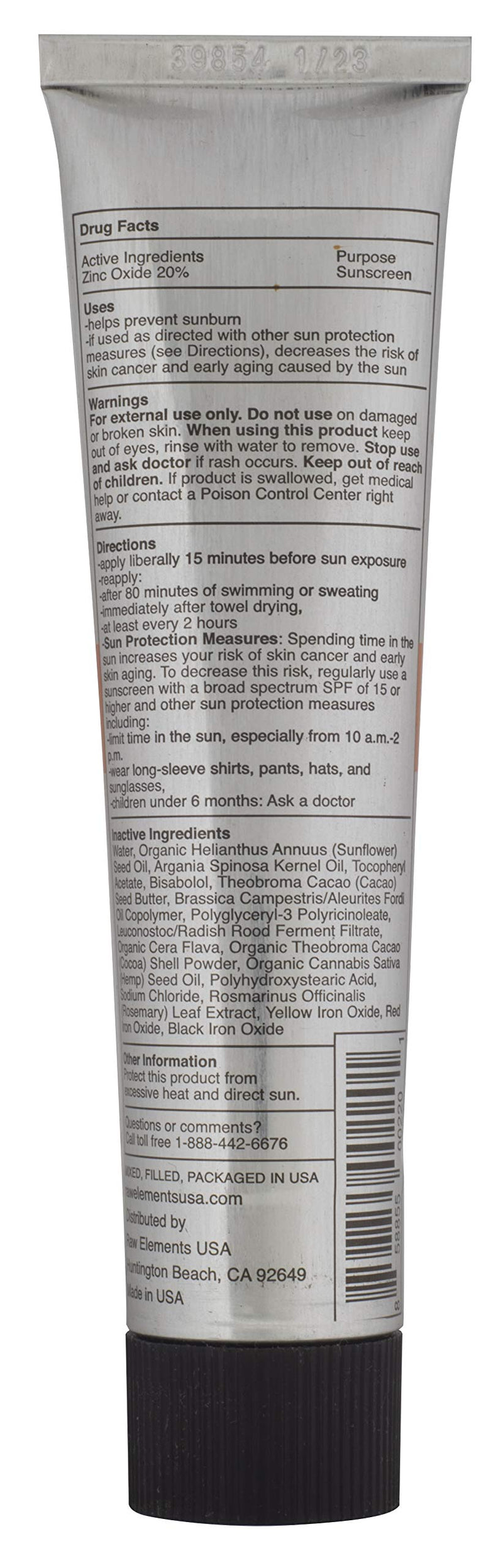 Raw Elements Tinted Daily Face Moisturizer Certified Natural Sunscreen | Non-Nano Zinc Oxide, 95% Organic, Reef Safe, SPF 30, Lightweight Formula in Aluminum Tube, 1.8oz - BeesActive Australia